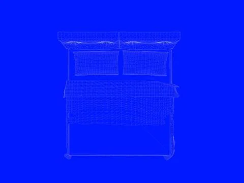 3d rendering of a bed blueprint as lines on a blue background Stock Illustration