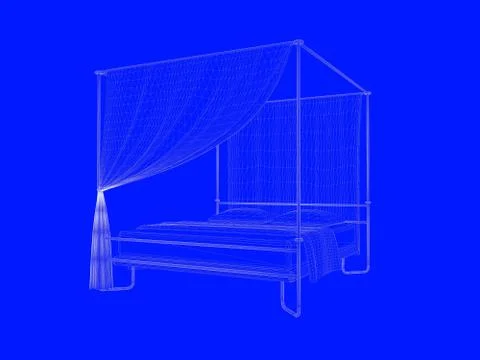 3d rendering of a bed blueprint as lines on a blue background Stock Illustration