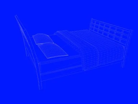 3d rendering of a bed blueprint as lines on a blue background Stock Illustration