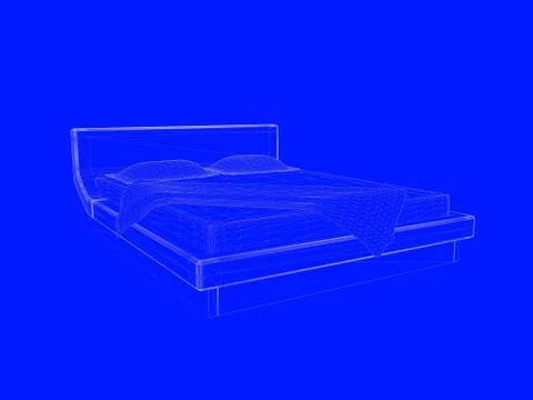 3d rendering of a bed blueprint as lines on a blue background Stock Illustration