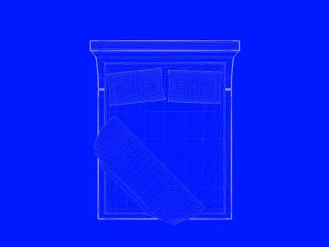 3d rendering of a bed blueprint as lines on a blue background Stock Illustration