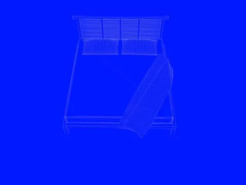 3d rendering of a bed blueprint as lines on a blue background Stock Illustration