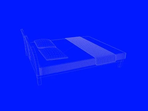 3d rendering of a bed blueprint as lines on a blue background Stock Illustration