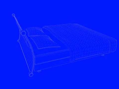 3d rendering of a bed blueprint as lines on a blue background Stock Illustration