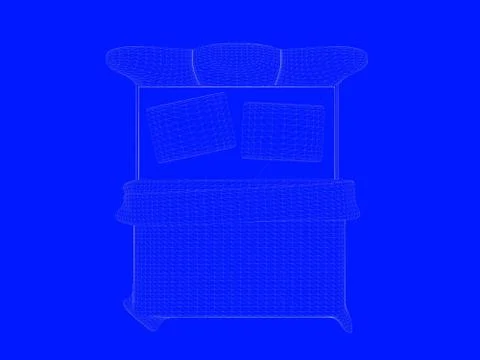 3d rendering of a bed blueprint as lines on a blue background Stock Illustration