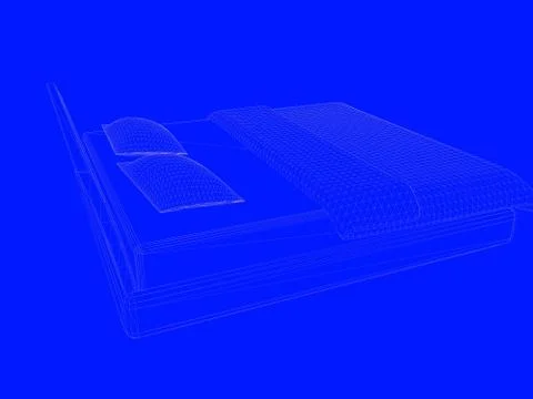 3d rendering of a bed blueprint as lines on a blue background Stock Illustration