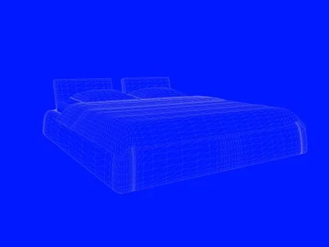 3d rendering of a bed blueprint as lines on a blue background Stock Illustration