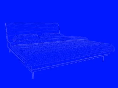 3d rendering of a bed blueprint as lines on a blue background Stock Illustration