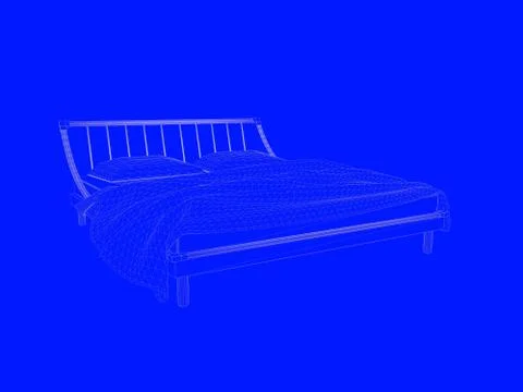 3d rendering of a bed blueprint as lines on a blue background Stock Illustration
