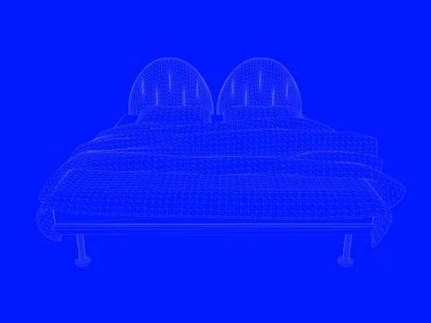 3d rendering of a bed blueprint as lines on a blue background Stock Illustration