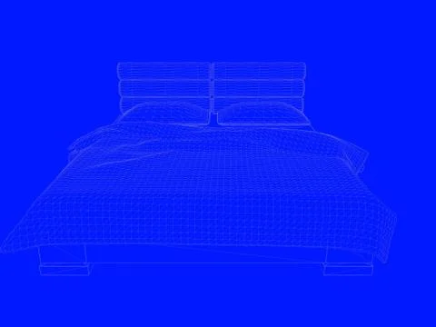 3d rendering of a bed blueprint as lines on a blue background Stock Illustration