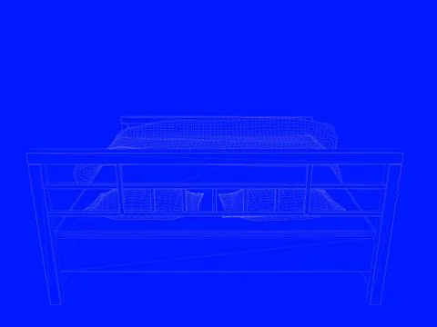 3d rendering of a bed blueprint as lines on a blue background Stock Illustration