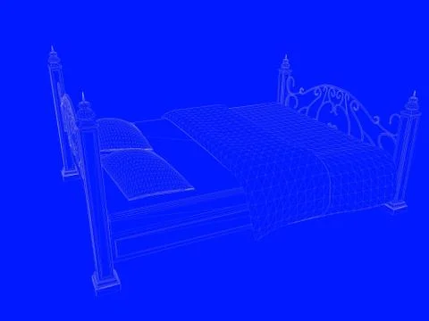 3d rendering of a bed blueprint as lines on a blue background Stock Illustration