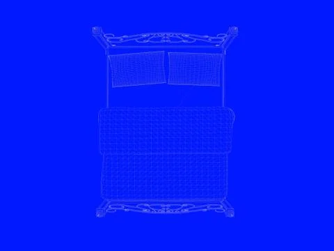 3d rendering of a bed blueprint as lines on a blue background Illustrazione stock