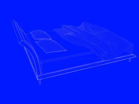 3d rendering of a bed blueprint as lines on a blue background Stock Illustration