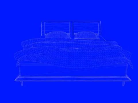 3d rendering of a bed blueprint as lines on a blue background Stock Illustration
