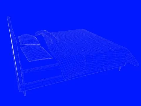 3d rendering of a bed blueprint as lines on a blue background Stock Illustration