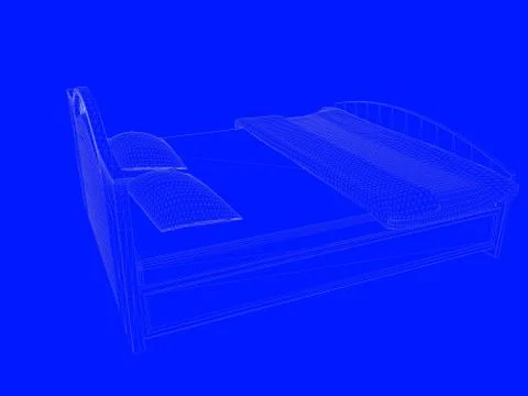 3d rendering of a bed blueprint as lines on a blue background Stock Illustration