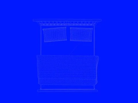 3d rendering of a bed blueprint as lines on a blue background Stock Illustration