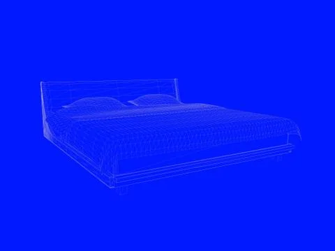 3d rendering of a bed blueprint as lines on a blue background Stock Illustration