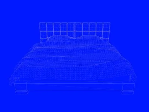 3d rendering of a bed blueprint as lines on a blue background Stock Illustration
