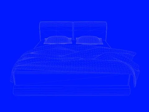 3d rendering of a bed blueprint as lines on a blue background Stock Illustration