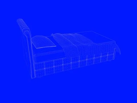 3d rendering of a bed blueprint as lines on a blue background Stock Illustration