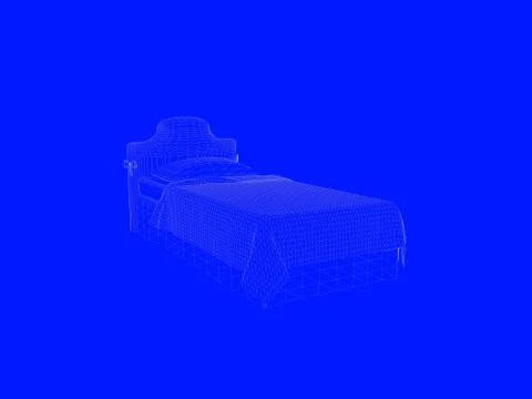 3d rendering of a bed blueprint as lines on a blue background Stock Illustration