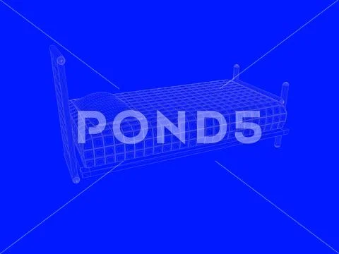 3d rendering of a bed blueprint as lines on a blue background Stock Illustration