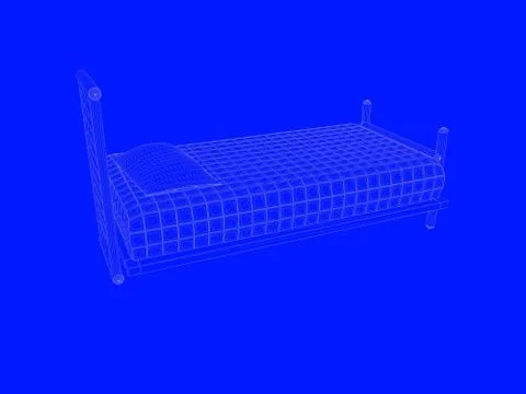 3d rendering of a bed blueprint as lines on a blue background Stock Illustration