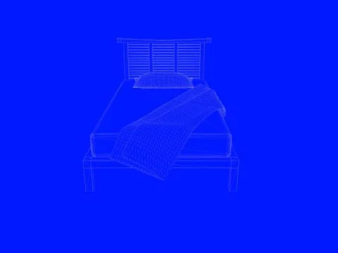 3d rendering of a bed blueprint as lines on a blue background Stock Illustration