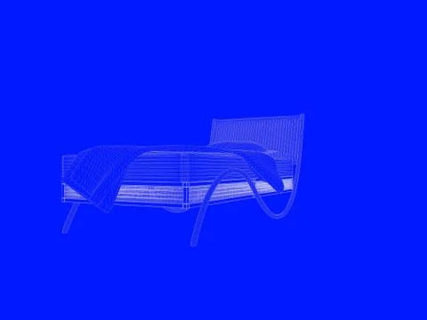 3d rendering of a bed blueprint as lines on a blue background Stock Illustration