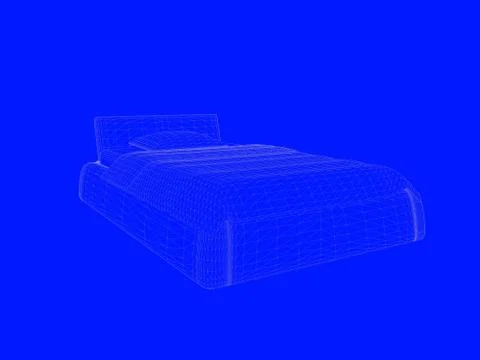 3d rendering of a bed blueprint as lines on a blue background Stock Illustration