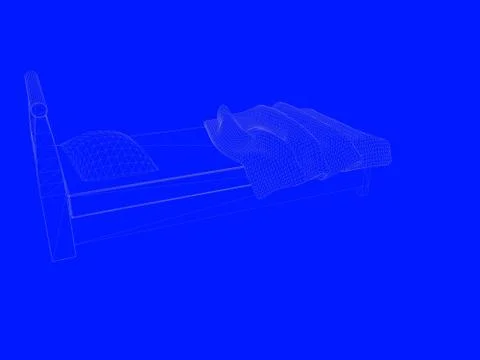 3d rendering of a bed blueprint as lines on a blue background Stock Illustration
