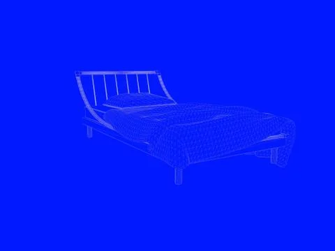 3d rendering of a bed blueprint as lines on a blue background Stock Illustration