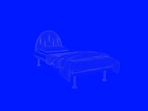 3d rendering of a bed blueprint as lines on a blue background Stock Illustration