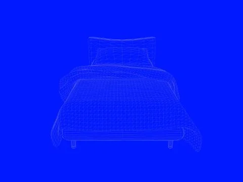 3d rendering of a bed blueprint as lines on a blue background Stock Illustration