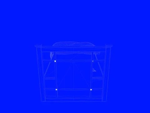 3d rendering of a bed blueprint as lines on a blue background Stock Illustration
