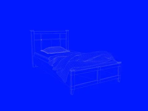 3d rendering of a bed blueprint as lines on a blue background Stock Illustration