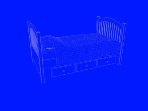 3d rendering of a bed blueprint as lines on a blue background Stock Illustration