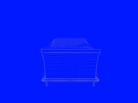 3d rendering of a bed blueprint as lines on a blue background Stock Illustration