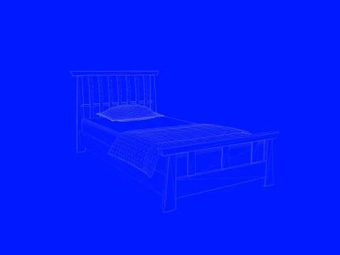 3d rendering of a bed blueprint as lines on a blue background Stock Illustration