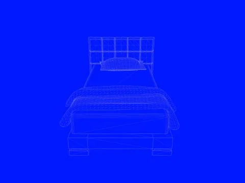 3d rendering of a bed blueprint as lines on a blue background Stock Illustration