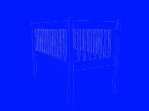 3d rendering of a bed blueprint as lines on a blue background Stock Illustration