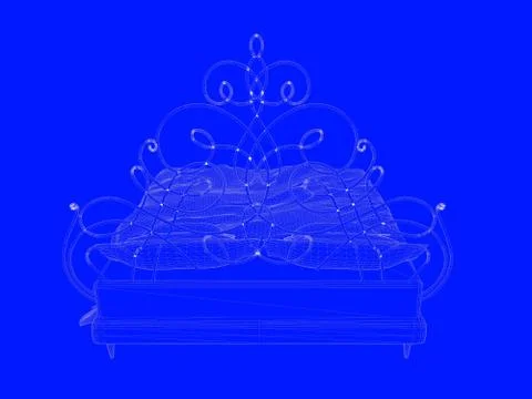 3d rendering of a bed blueprint as lines on a blue background Stock Illustration