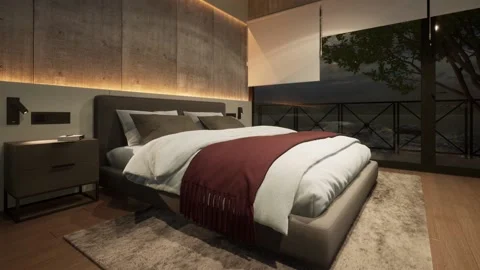 3d-rendering. A bed in a hotel room in a modern style in the evening. Stock Footage 222348509