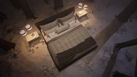 3d-rendering. A bed in an winter forest in a clearing among trees. Stock Footage 223578565
