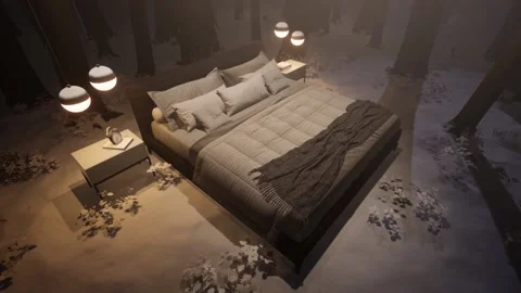 3d-rendering. A bed in an winter forest in a clearing among trees. Stock Footage 223578566