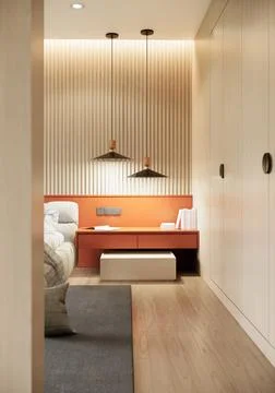 3d rendering bedroom interior design and decoration with wooden wall and fl.. Stock Illustration