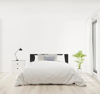 3D rendering bedroom with white wall ,wooden floor,big window Stock Illustration